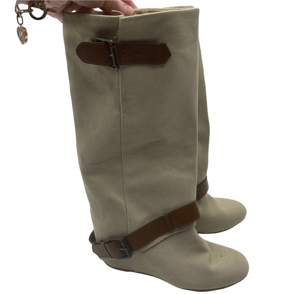 ALDO| NWOT Tan Burlap/Linen hidden wedge,wide calf, with camel belt detail SZ 37 - Picture 5 of 16